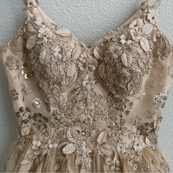 DANCING QUEEN Gold Beige Floral Glitter Tinker Bell Fairy Princess Tulle Dress - Picture 3 of 13